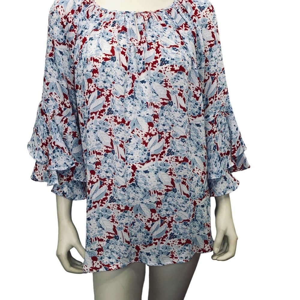 Chaps Women's Tiered‎ Ruffle  Sheer Peasant Spring Floral Blouse sz LG